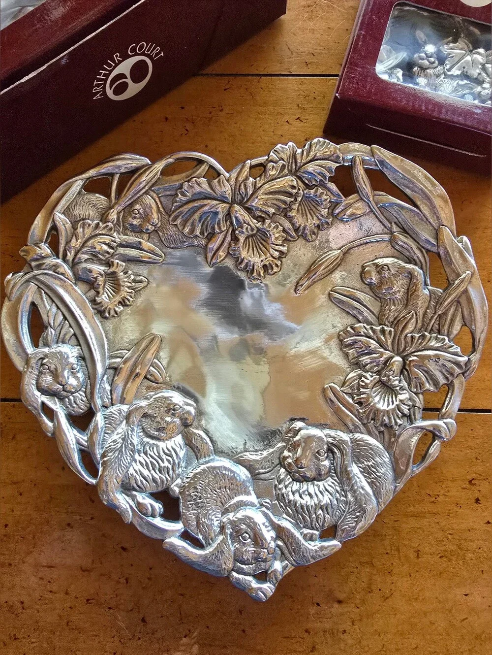 Vintage 1990s New Arthur Court Pewter Rabbit Theme Bowl, Coaster & Candle Snuff